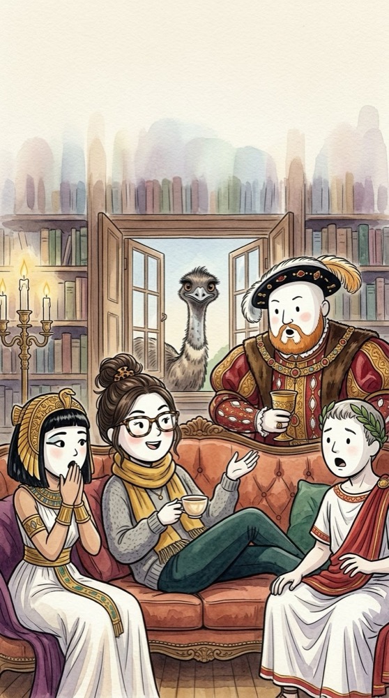 Kelly on a sofa with Cleopatra, Henry VIII and Julius Caesar